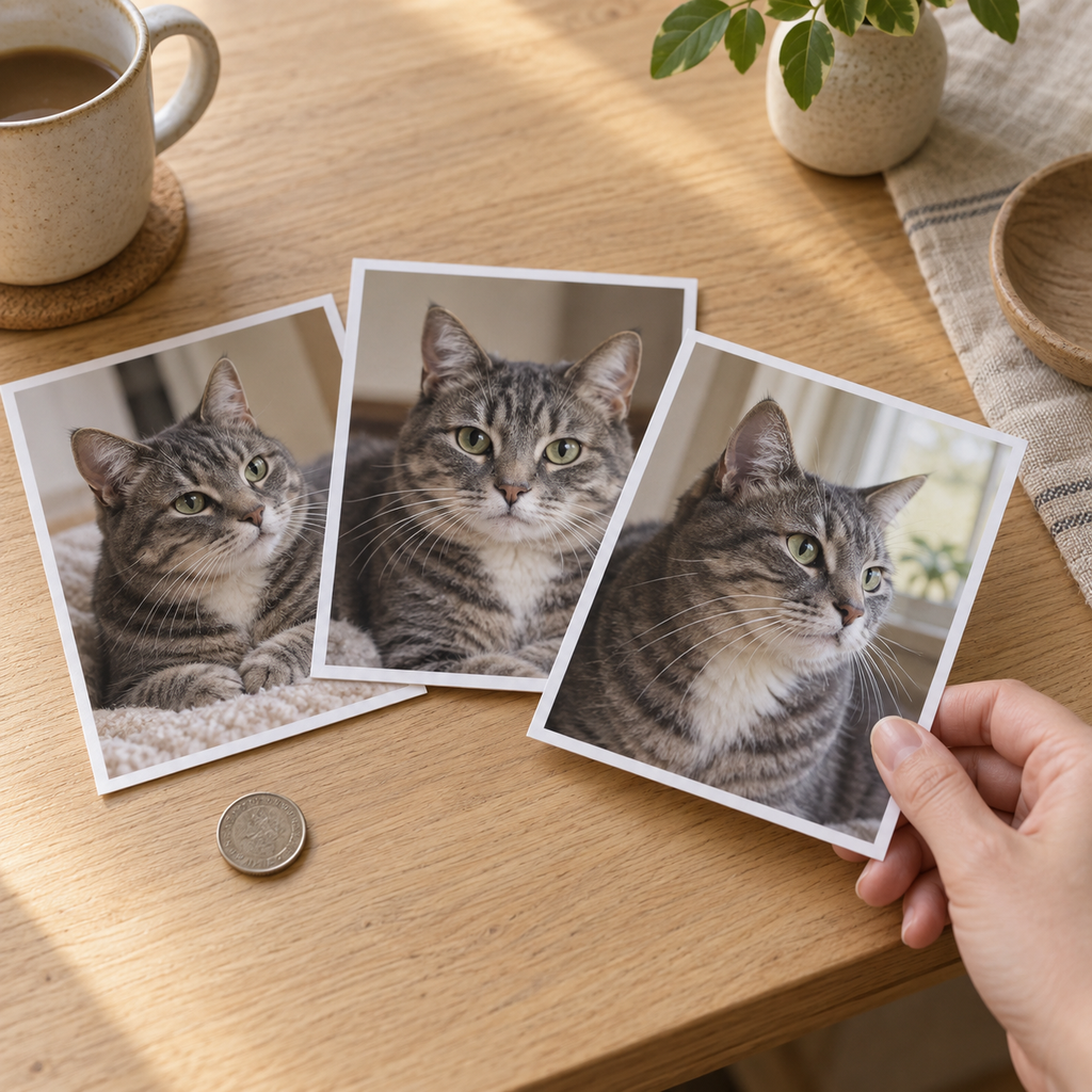 Printed photos of the cat with a coin for size