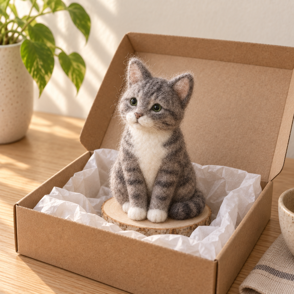 The finished felted wool cat in its box