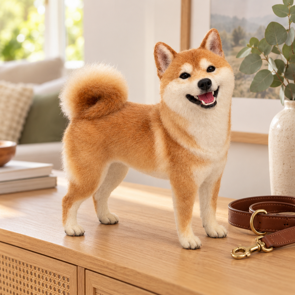 A felted Shiba portrait on a wooden sideboard at home