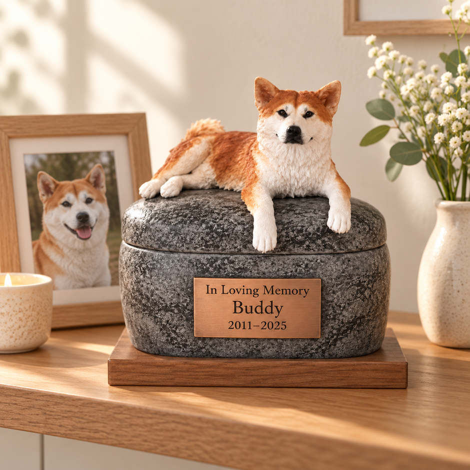A keepsake urn with a small dog figure on the lid, on a shelf at home