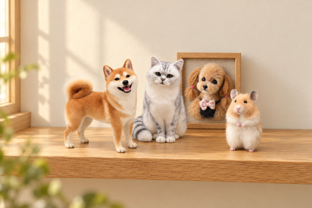 Felted portraits of a Shiba, a British Shorthair cat and a hamster, with a framed poodle portrait