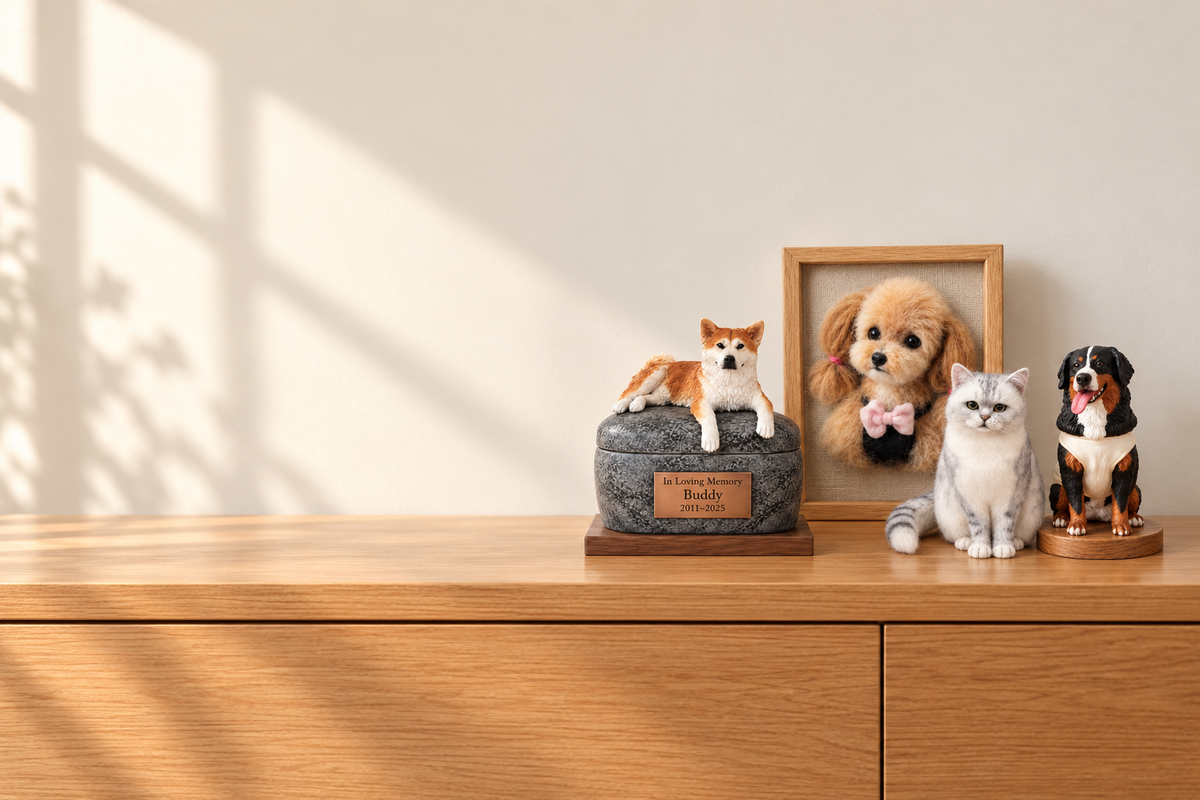 Felted portrait, framed portrait, printed figure and figure urn on a shelf
