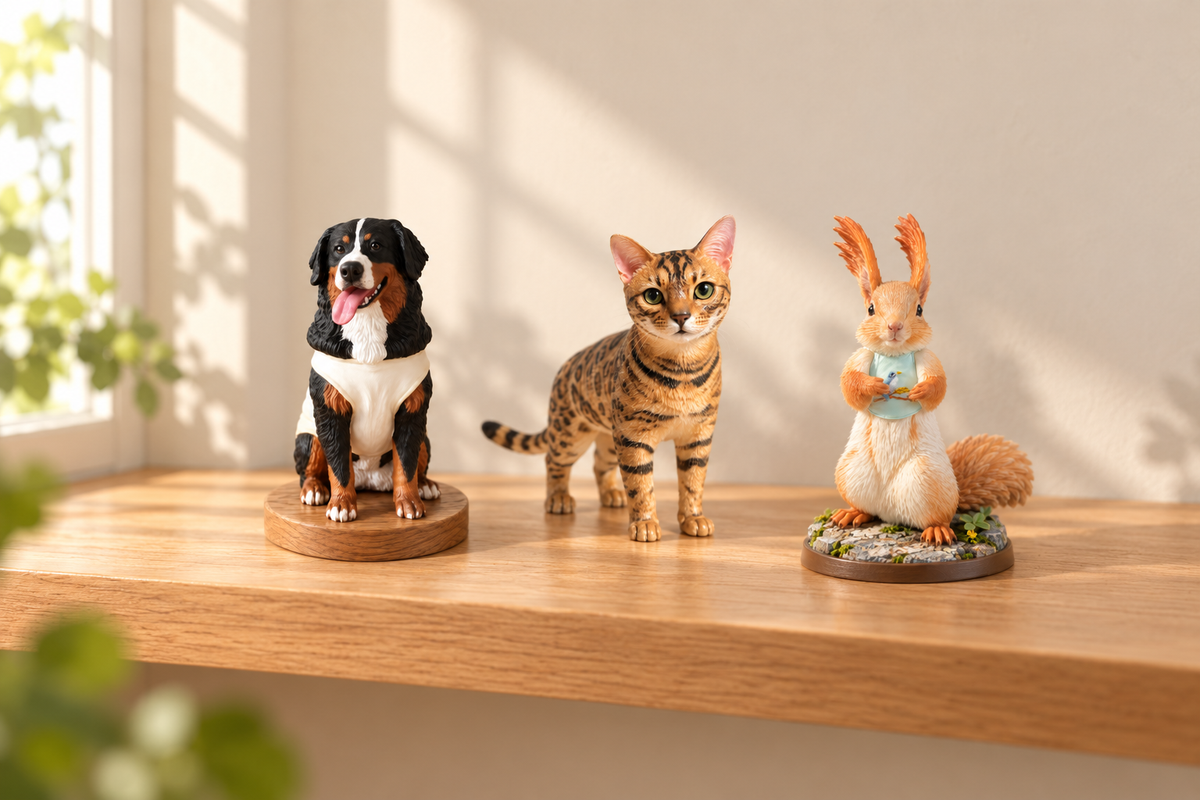 Printed figures of a Bernese mountain dog, a Bengal cat and a squirrel on an oak shelf