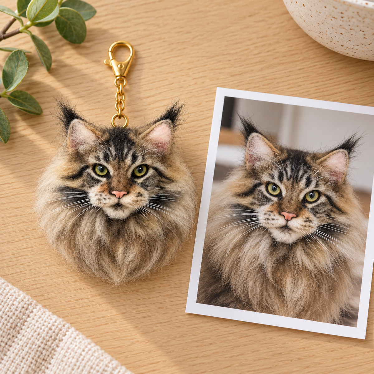 Needle-felted wool pet keepsake charm, the pet's reference photo next to the charm