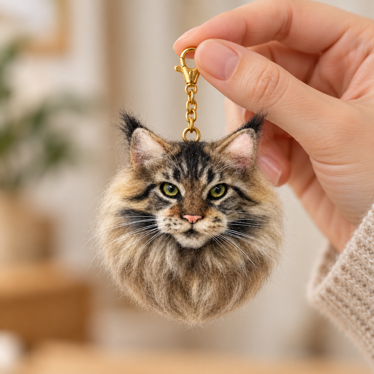 Needle-felted wool pet keepsake charm, held between two fingers for scale