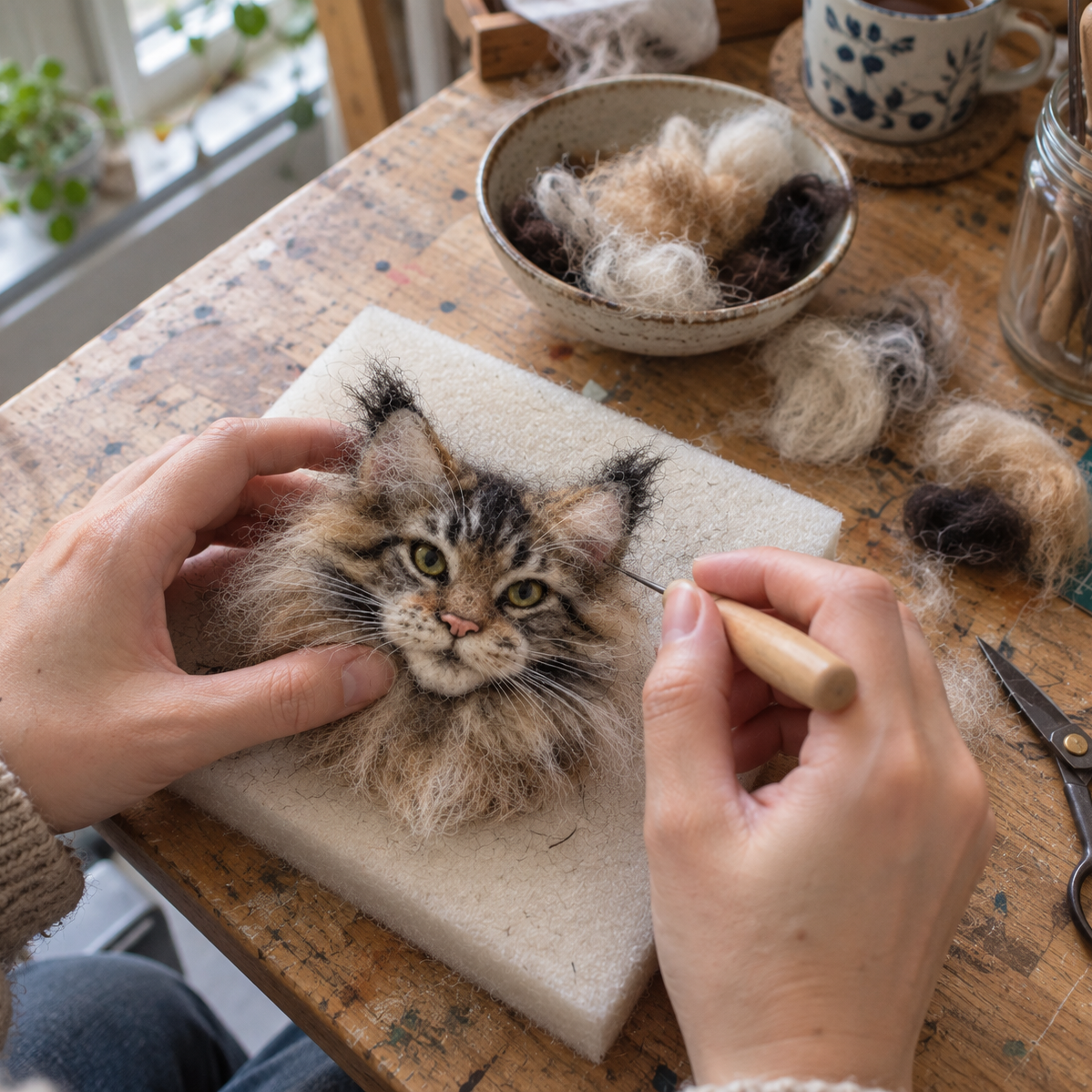 Needle-felted wool pet keepsake charm, being needle-felted by hand before the clasp is fitted