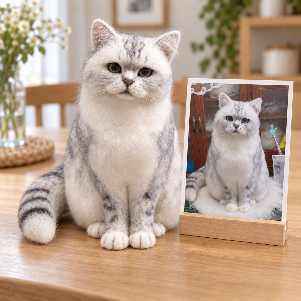 Needle-felted wool pet portrait, the pet's reference photo next to the portrait