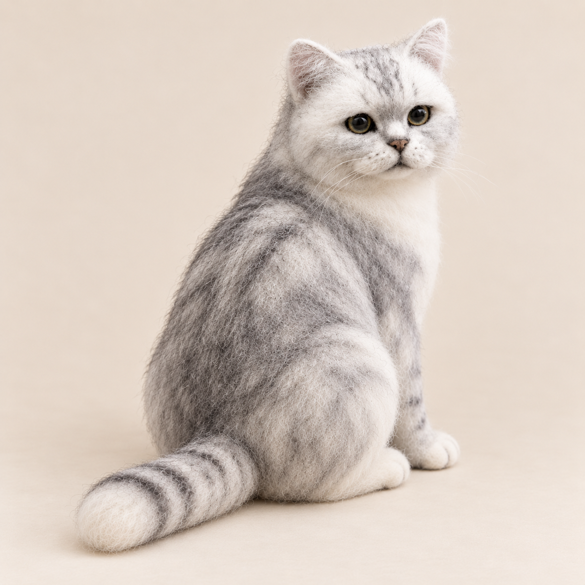 Needle-felted wool pet portrait, rear three-quarter view