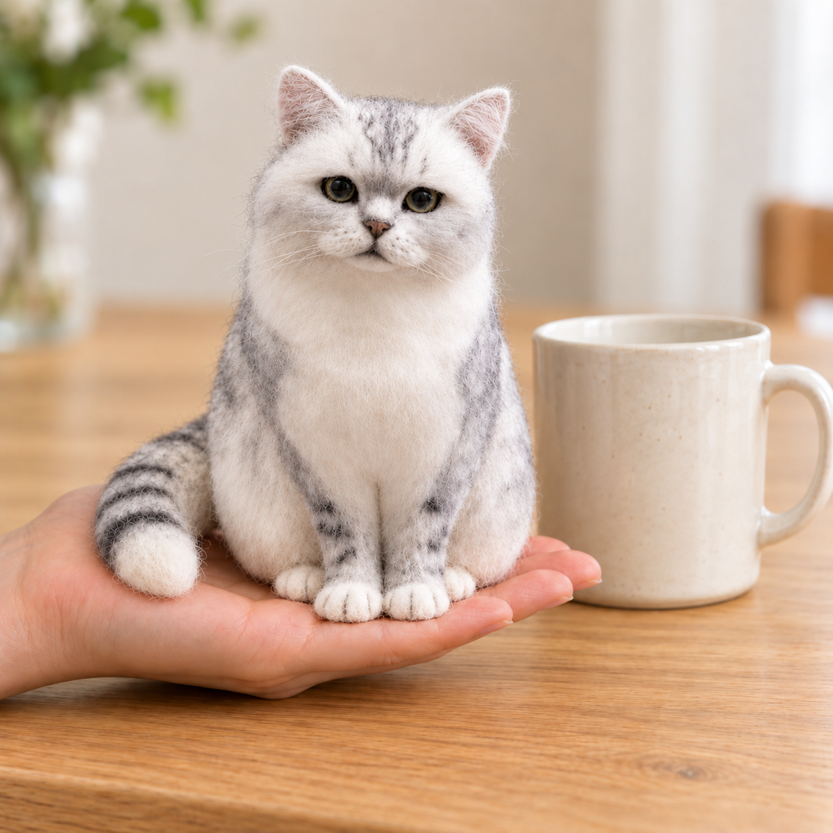 Needle-felted wool pet portrait, held in one hand beside a mug for scale