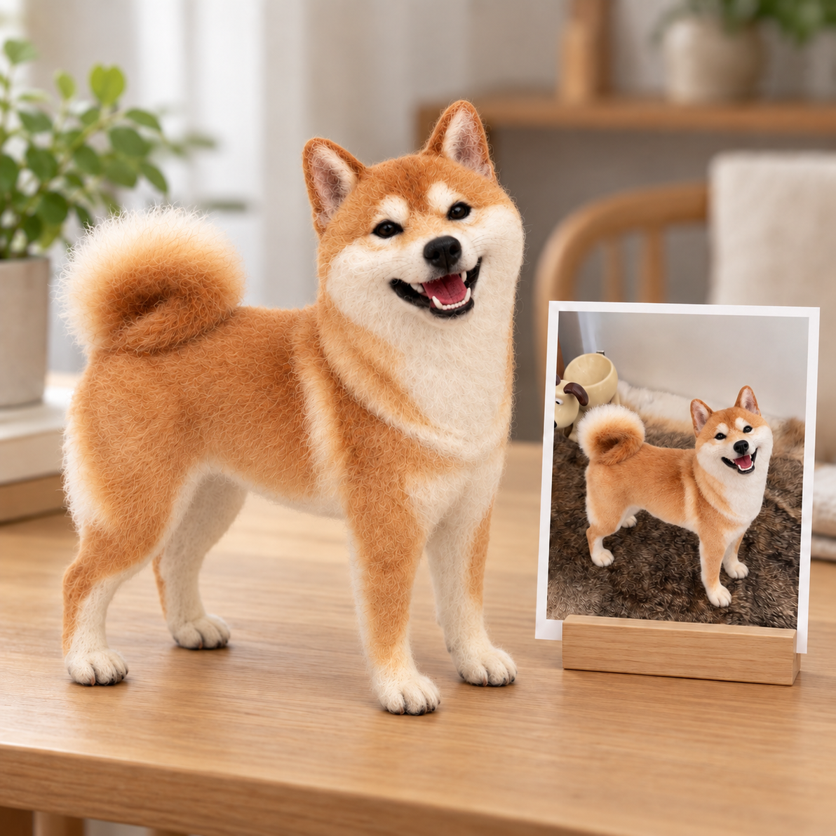 Needle-felted wool pet portrait, the pet's reference photo next to the portrait
