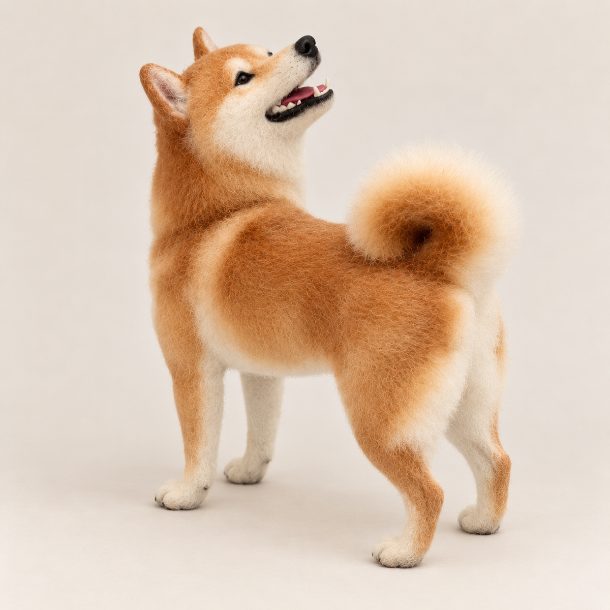Needle-felted wool pet portrait, rear three-quarter view