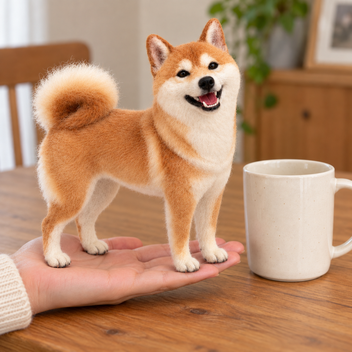 Needle-felted wool pet portrait, held in one hand beside a mug for scale
