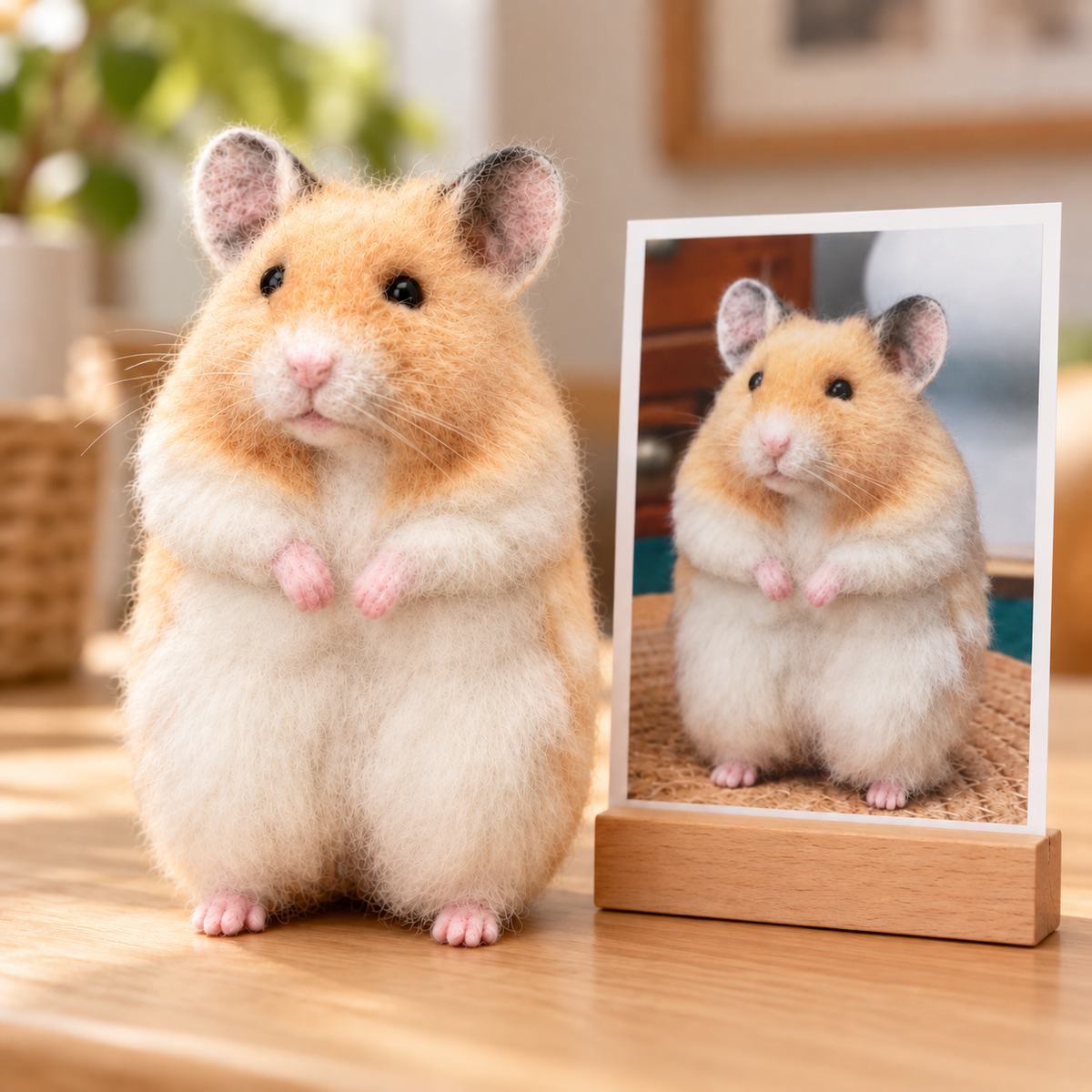 Needle-felted wool pet portrait, the pet's reference photo next to the portrait