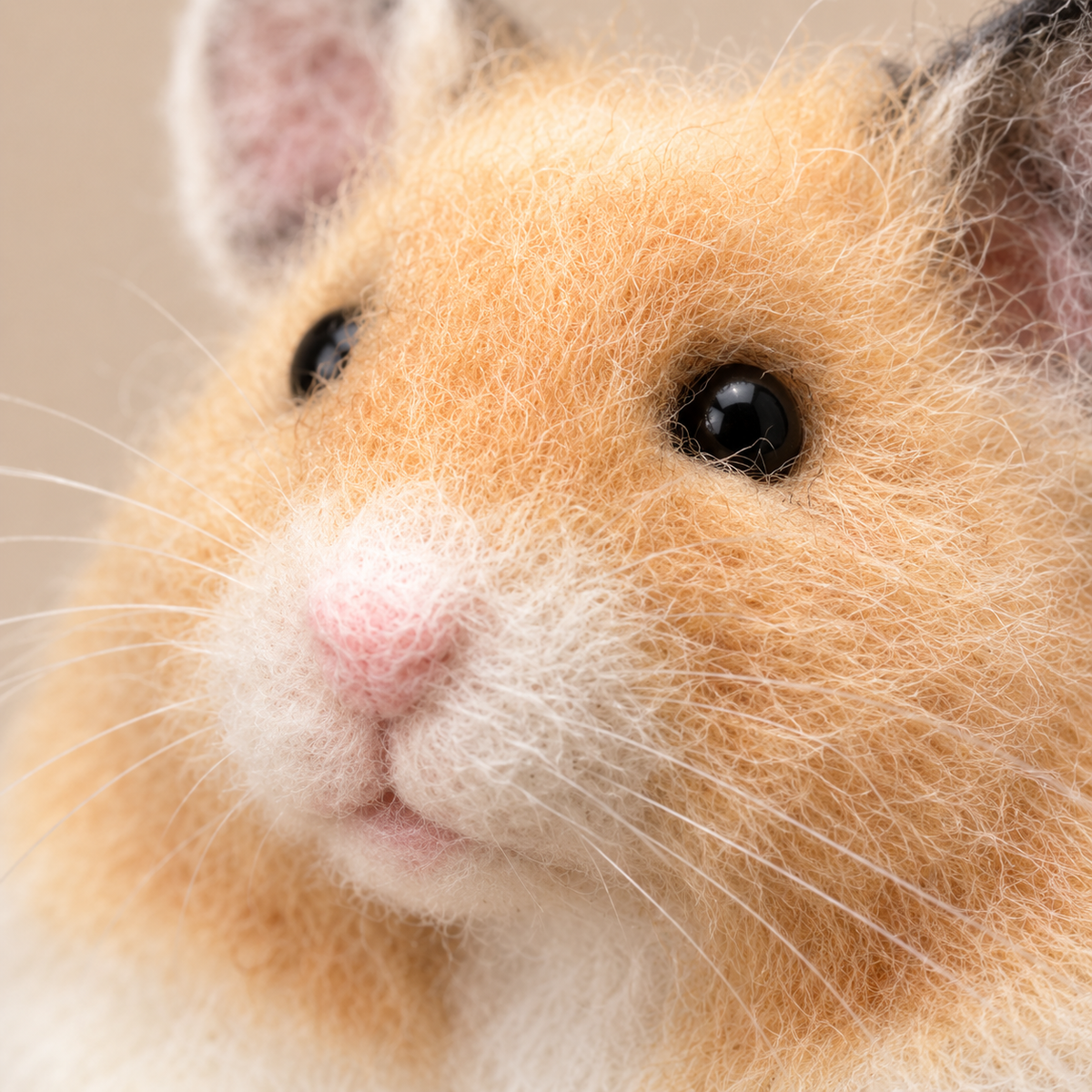 Needle-felted wool pet portrait, close-up of the face and wool fibres