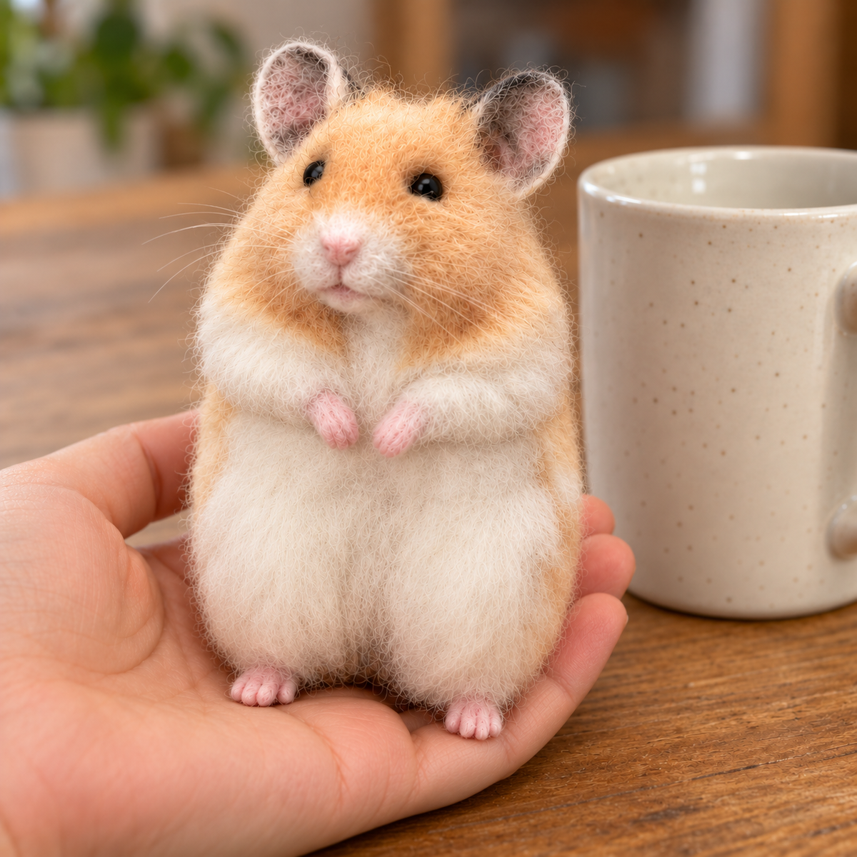 Needle-felted wool pet portrait, held in one hand beside a mug for scale
