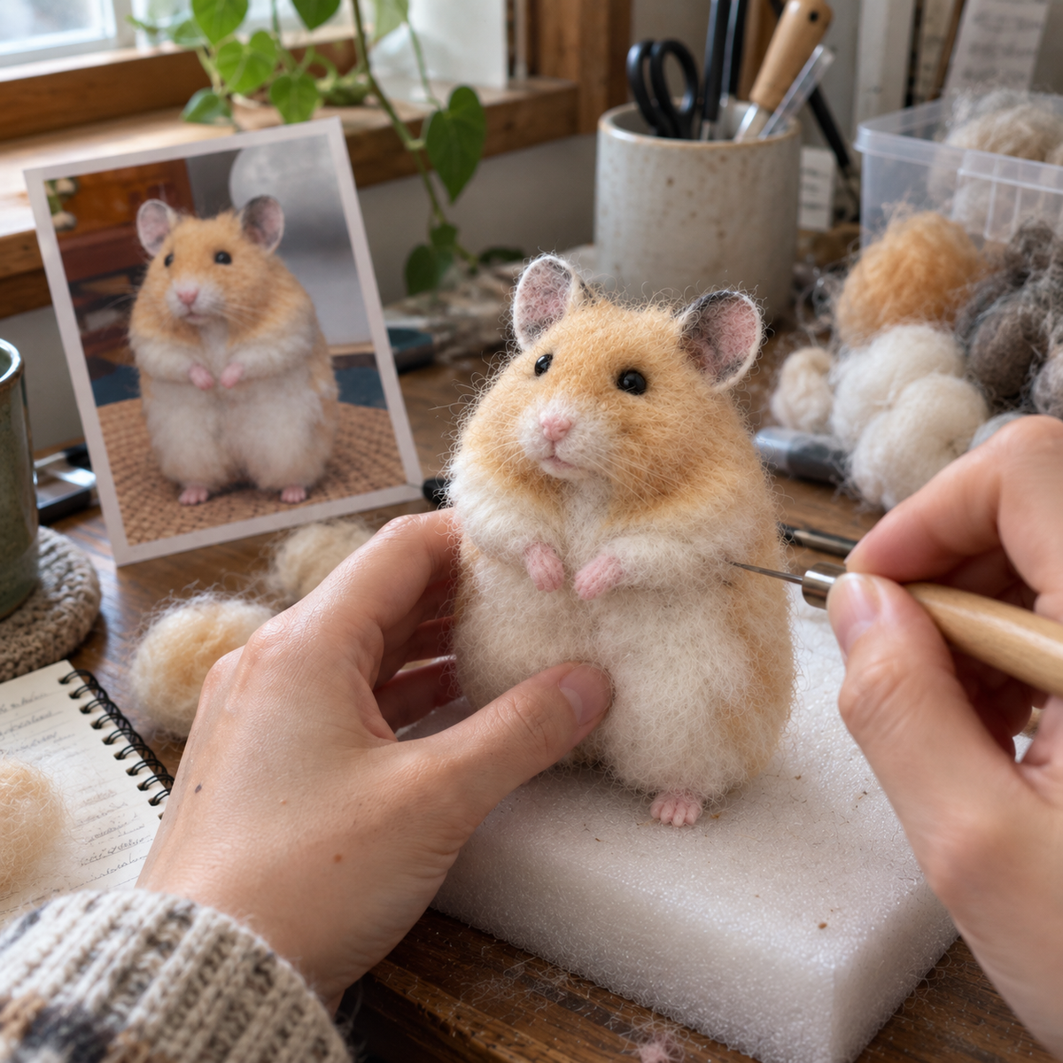 Needle-felted wool pet portrait, being needle-felted by hand
