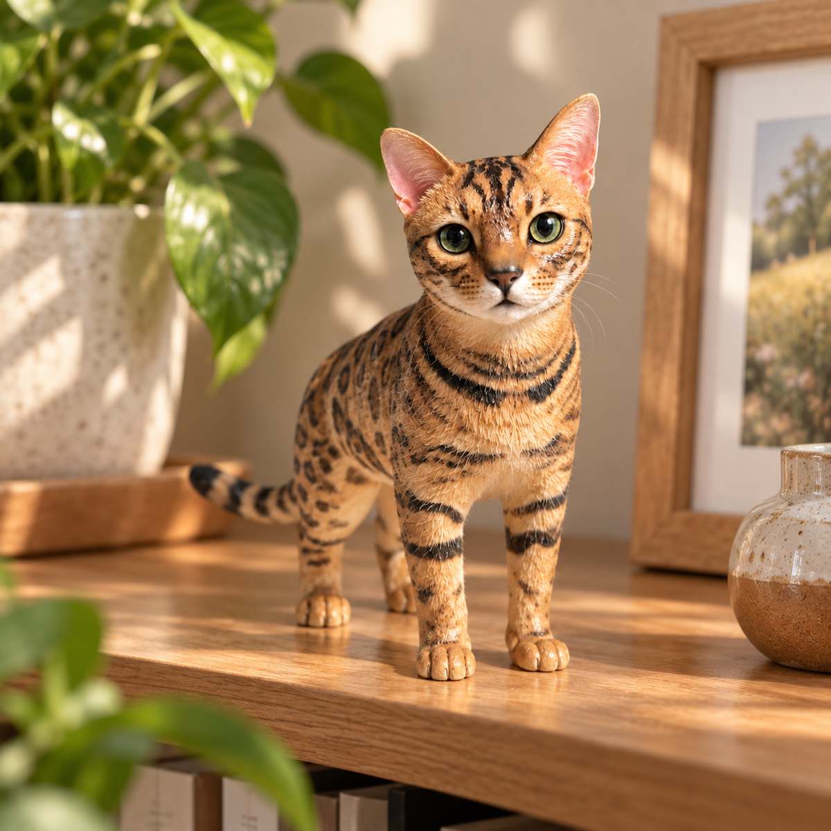 Hand-painted printed pet figure, on a shelf at home
