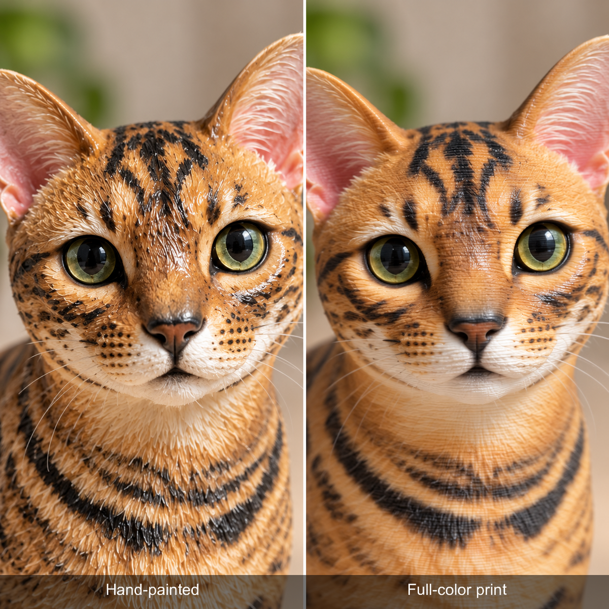 Hand-painted printed pet figure, close-up comparison of the hand-painted finish and the full-color print finish
