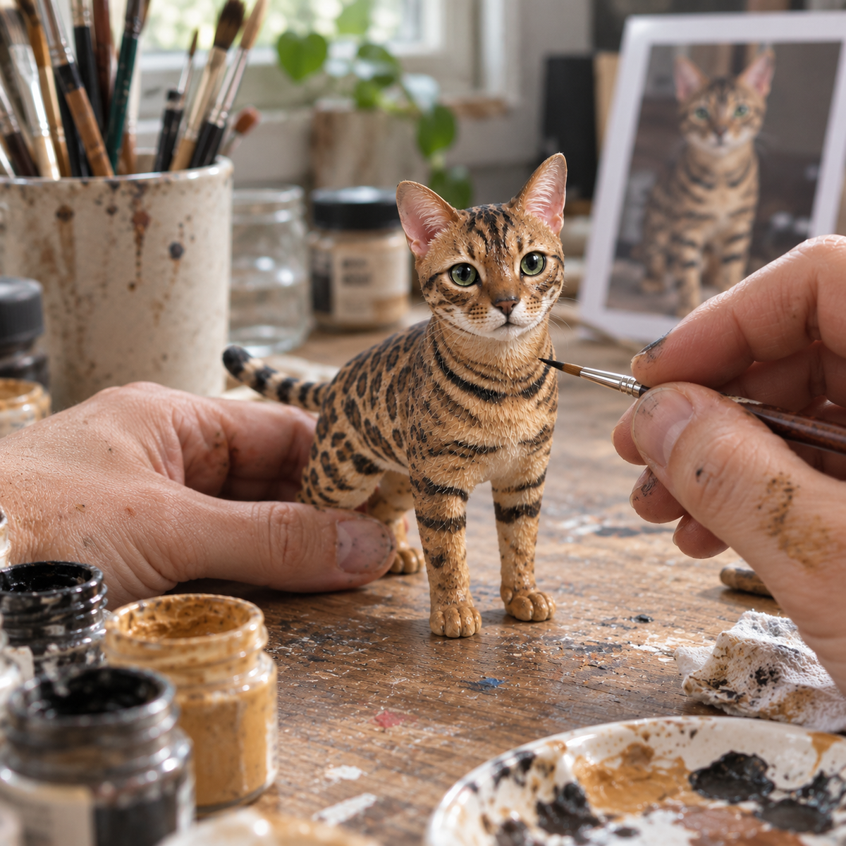 Hand-painted printed pet figure, being painted by hand