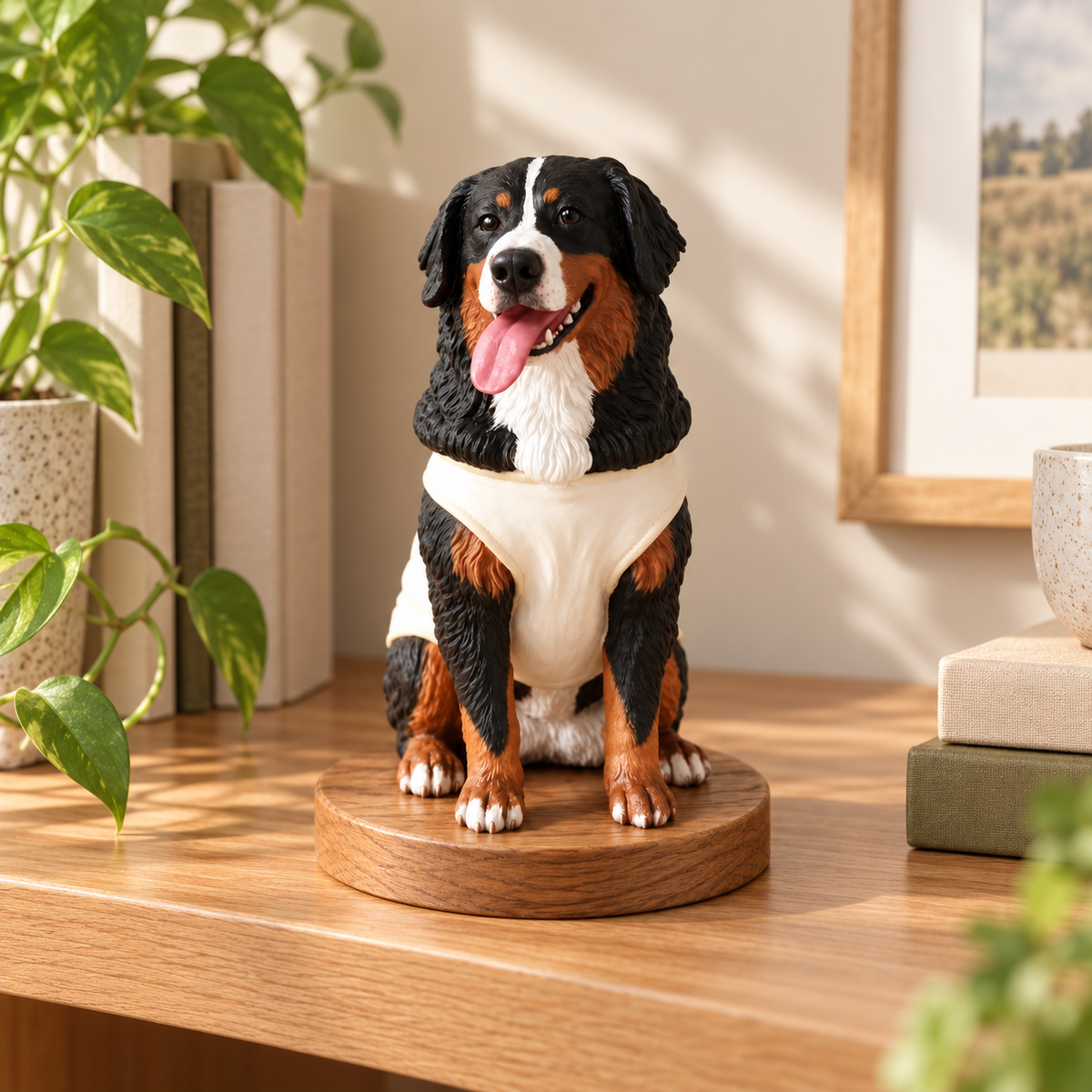 Hand-painted printed pet figure, on a shelf at home