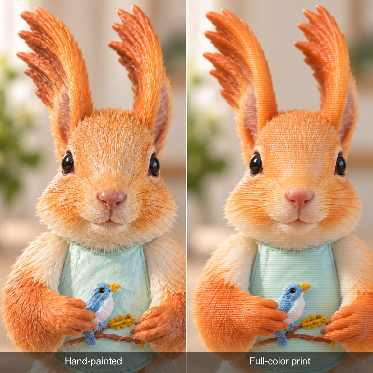 Hand-painted printed pet figure, close-up comparison of the hand-painted finish and the full-color print finish