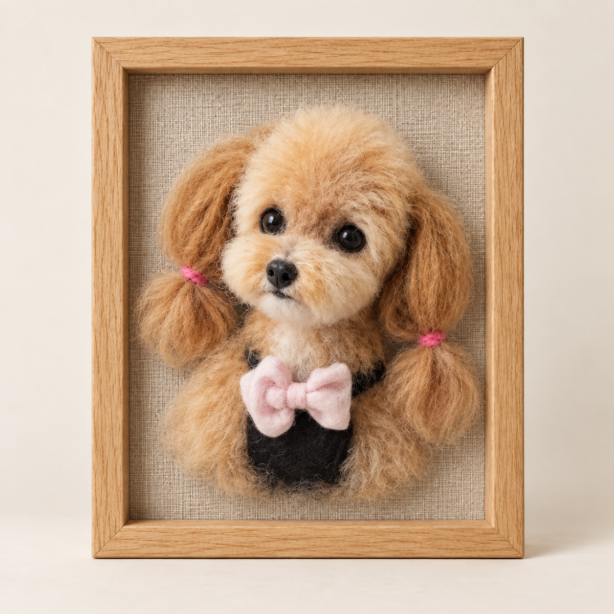 Needle-felted wool framed pet portrait, front view on a plain backdrop