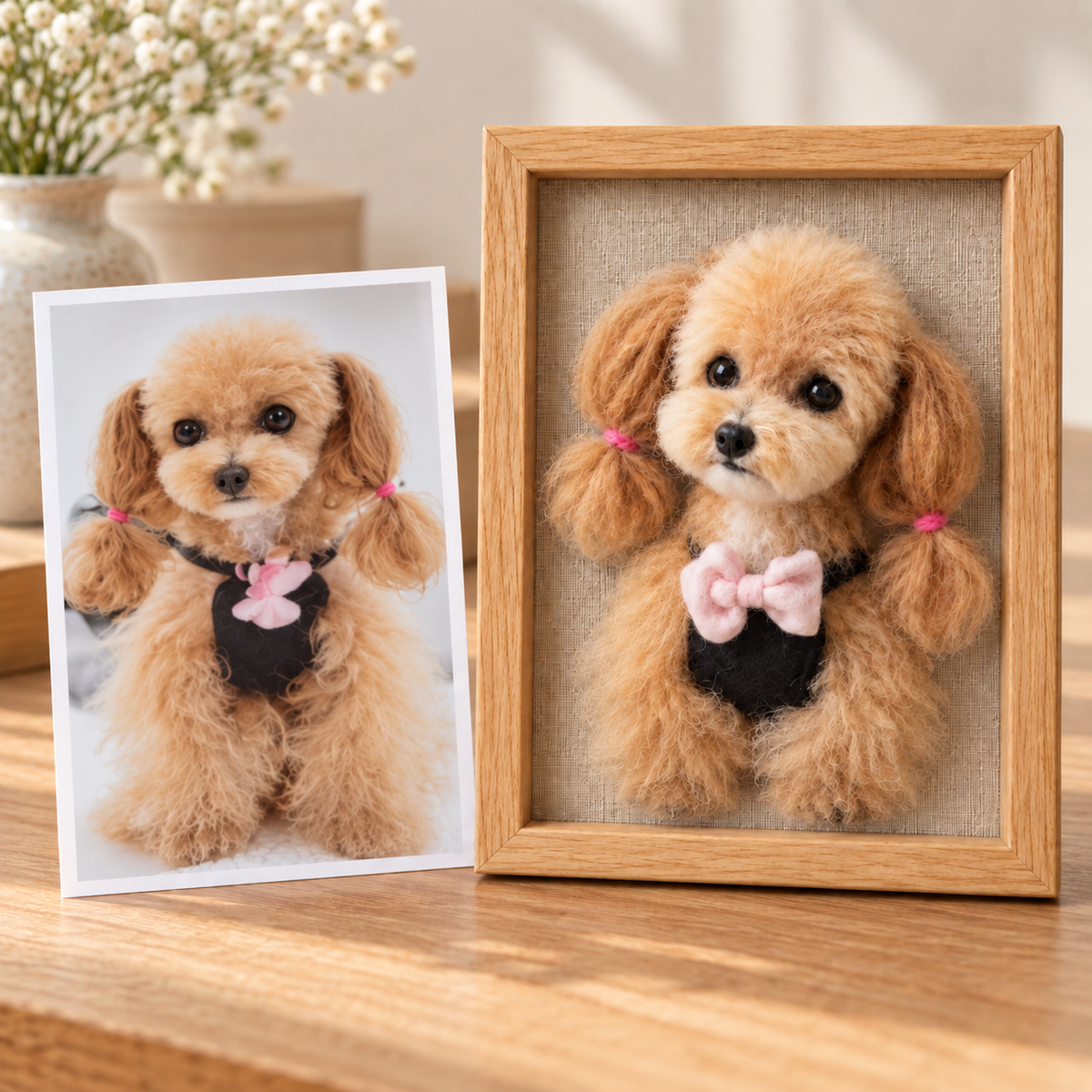 Needle-felted wool framed pet portrait, the pet's reference photo next to the framed portrait