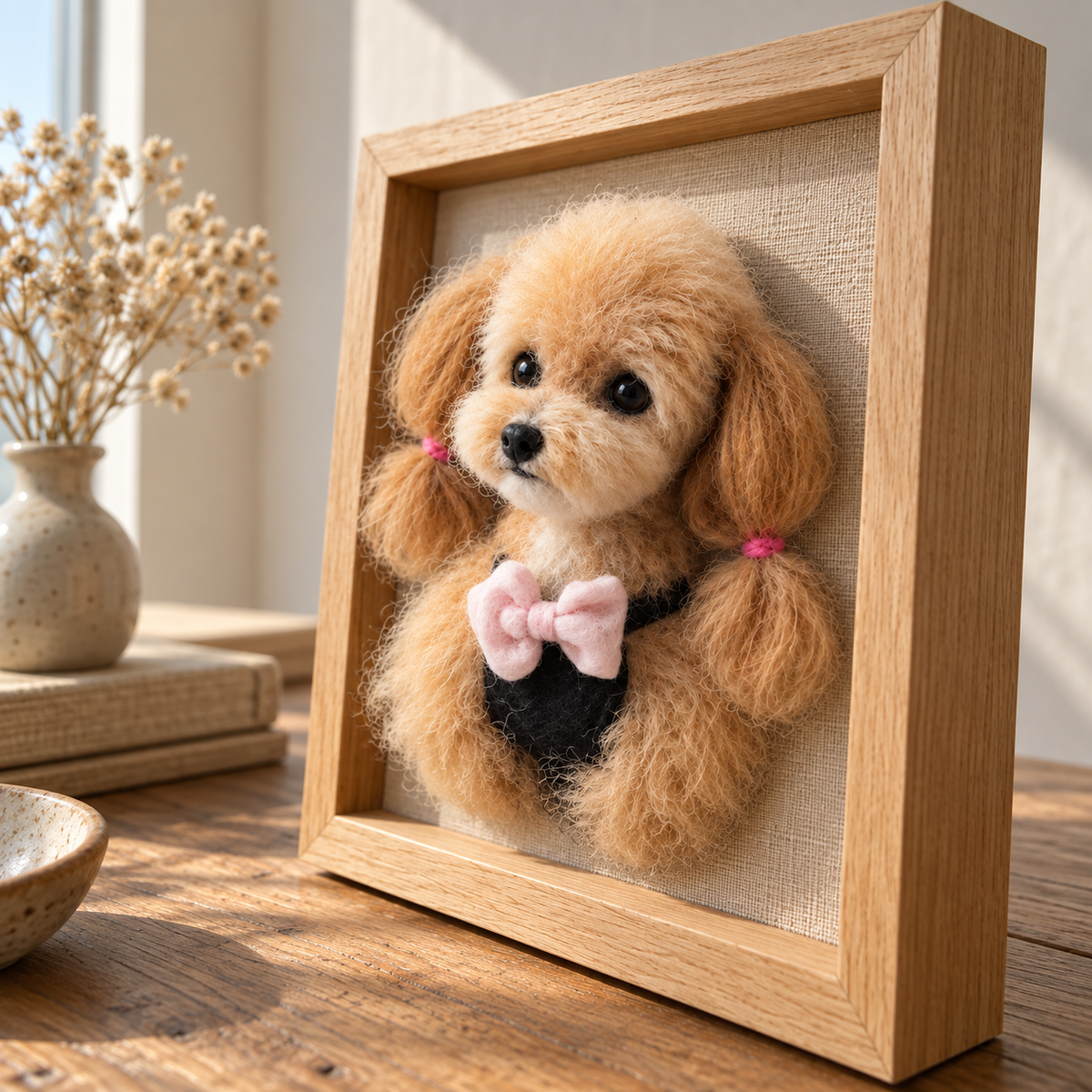 Needle-felted wool framed pet portrait, side angle showing the raised felt relief