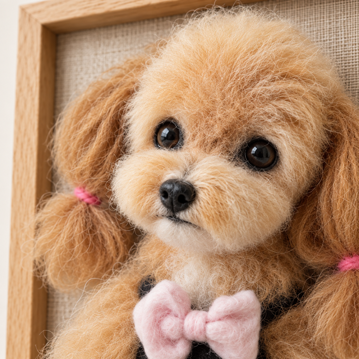 Needle-felted wool framed pet portrait, close-up of the face and wool fibres