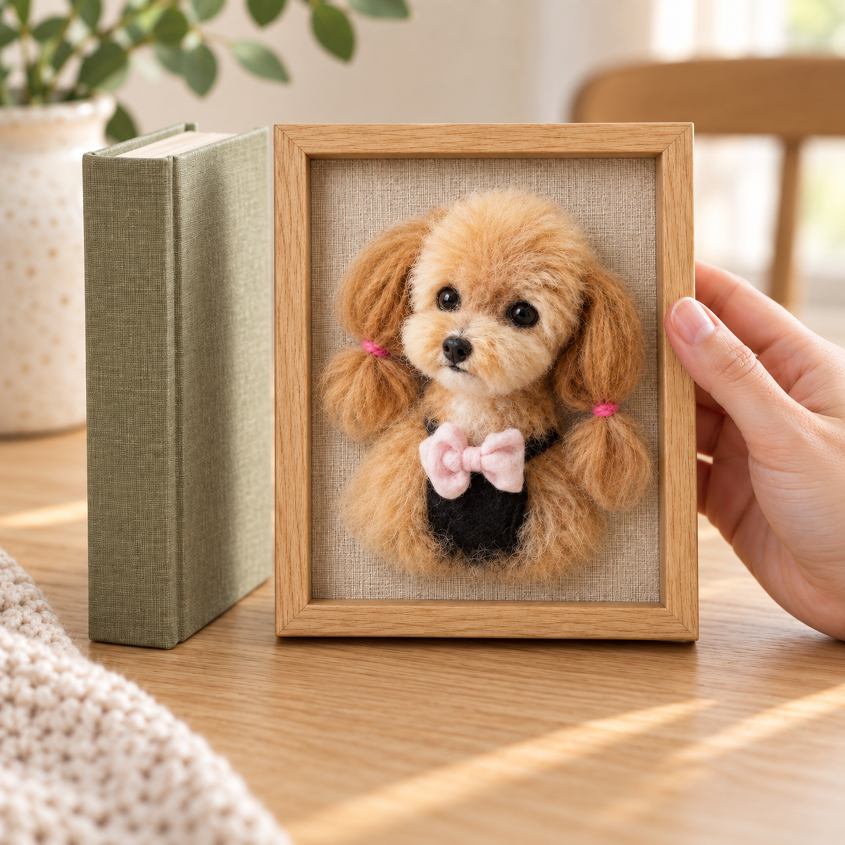 Needle-felted wool framed pet portrait, held in one hand beside a book for scale