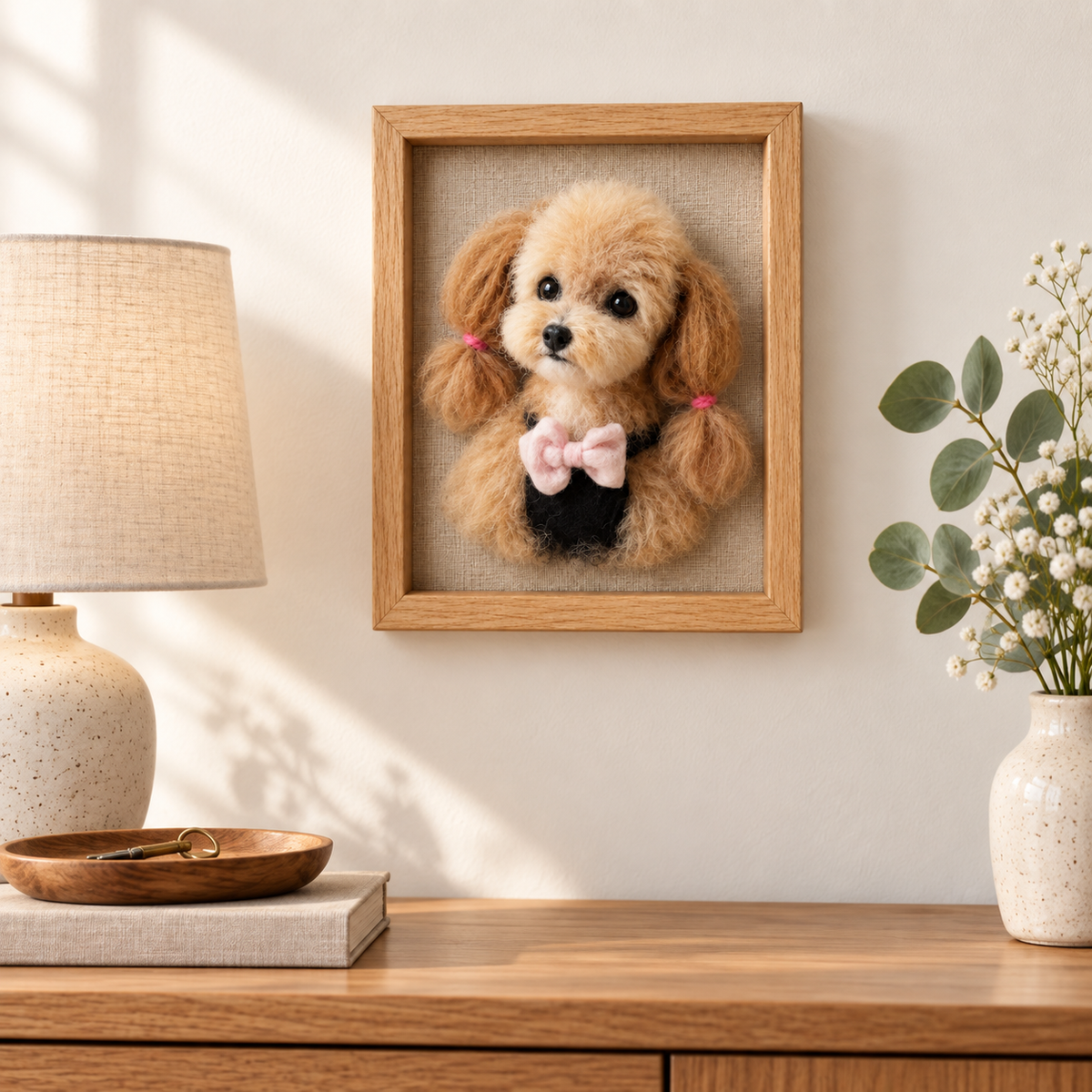 Needle-felted wool framed pet portrait, hanging on a wall at home