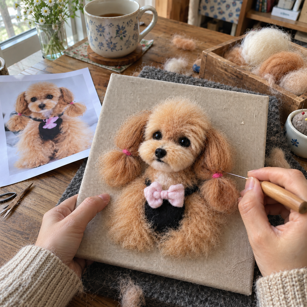 Needle-felted wool framed pet portrait, being needle-felted on the backing board before framing