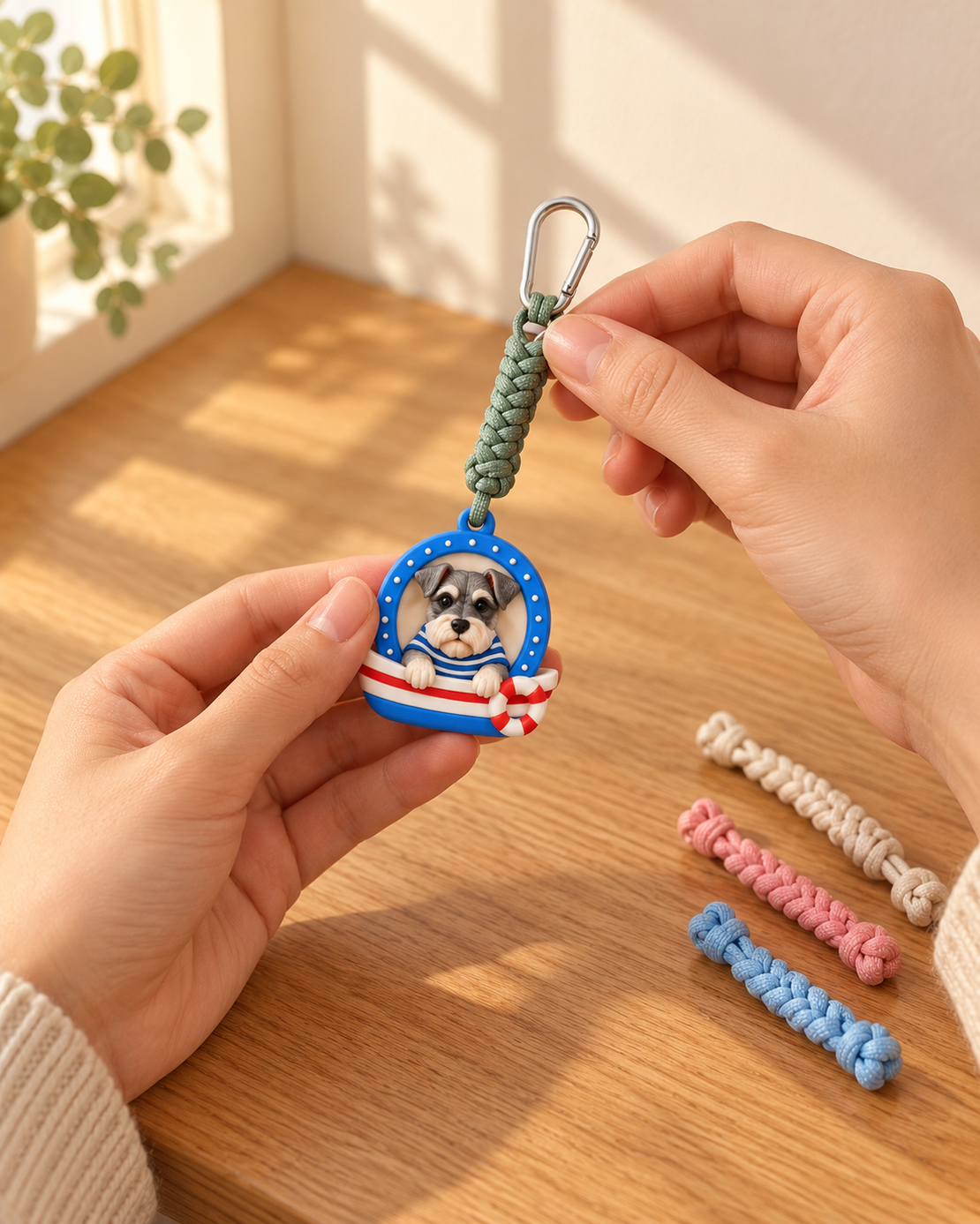 Fitting the cord to a playful pet portrait keychain