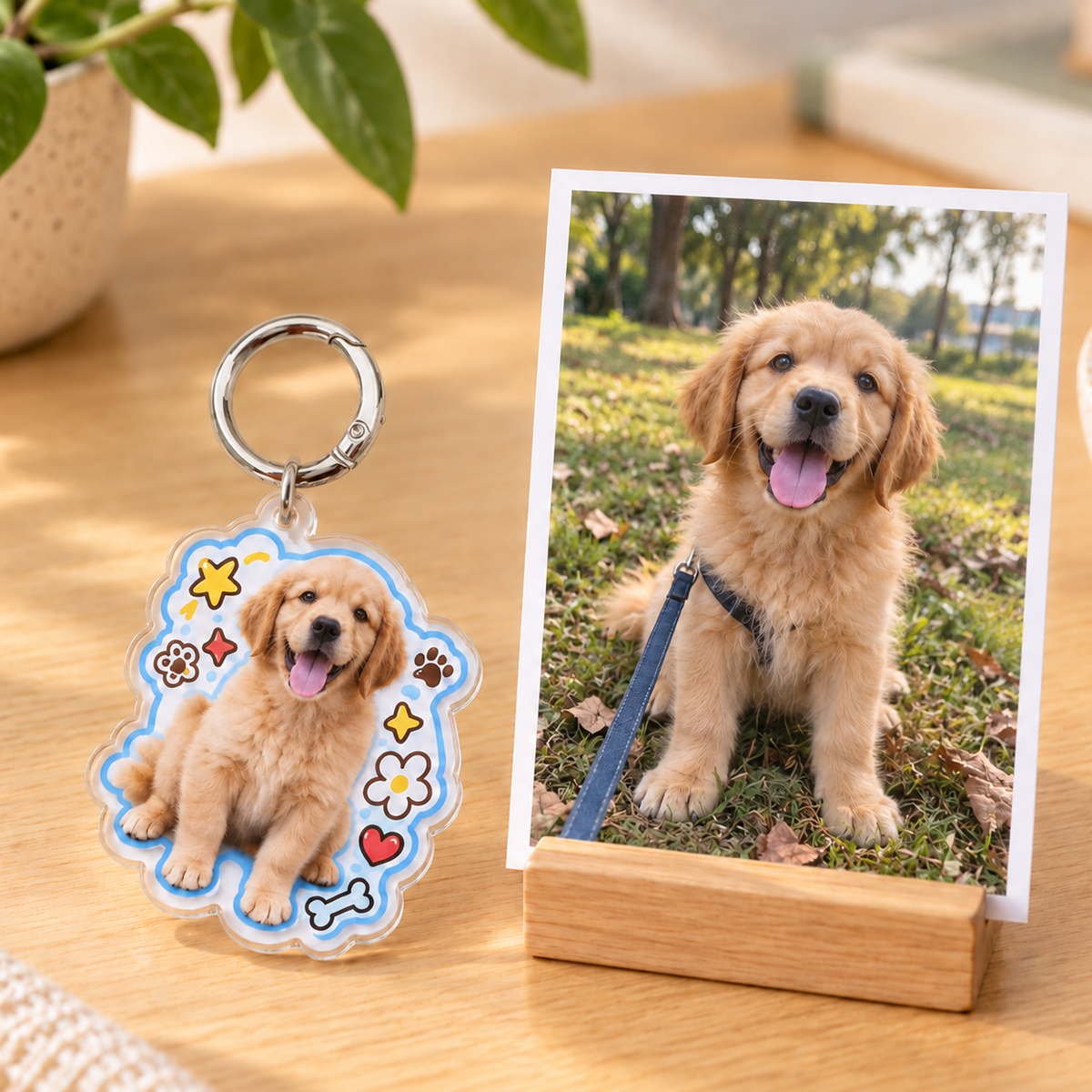Acrylic Pet Photo Keychain — reference photo beside the keychain