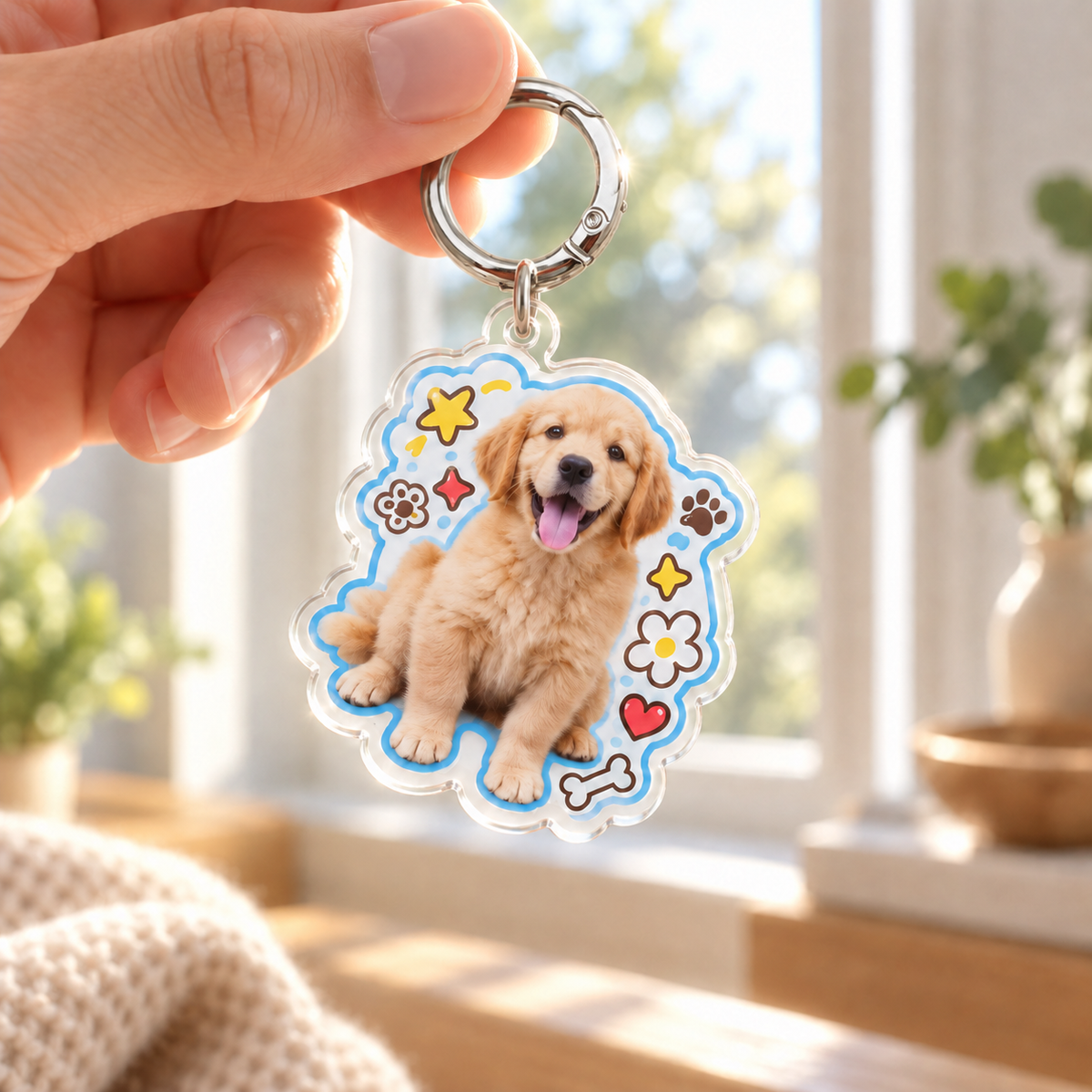 Acrylic Pet Photo Keychain — held up to window light