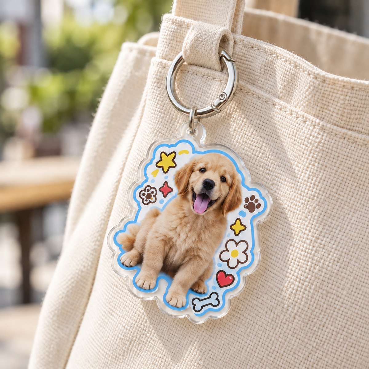 Acrylic Pet Photo Keychain — clipped to a tote bag