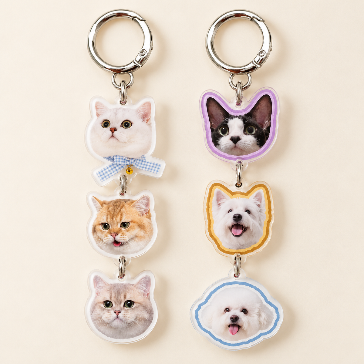 Multi-Pet Head Charm Keychain — outline and no-outline versions