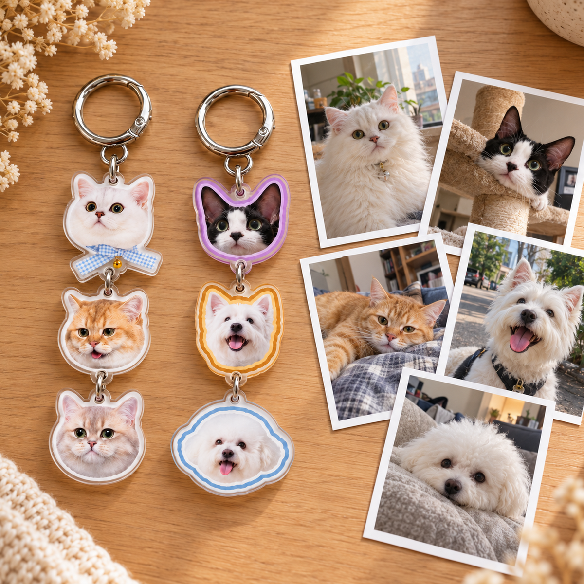 Multi-Pet Head Charm Keychain — reference photos beside the keychains