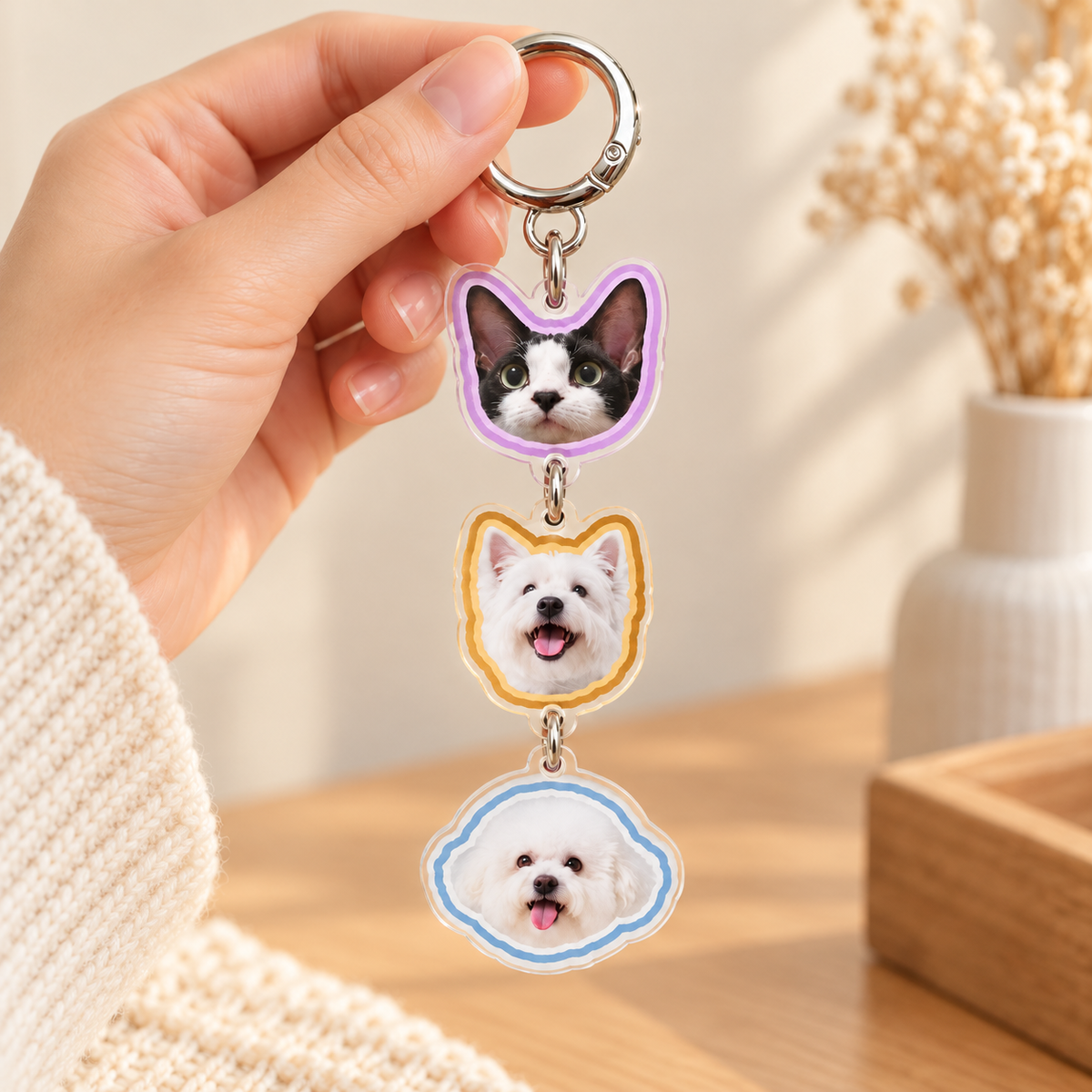 Multi-Pet Head Charm Keychain — held up by the clasp
