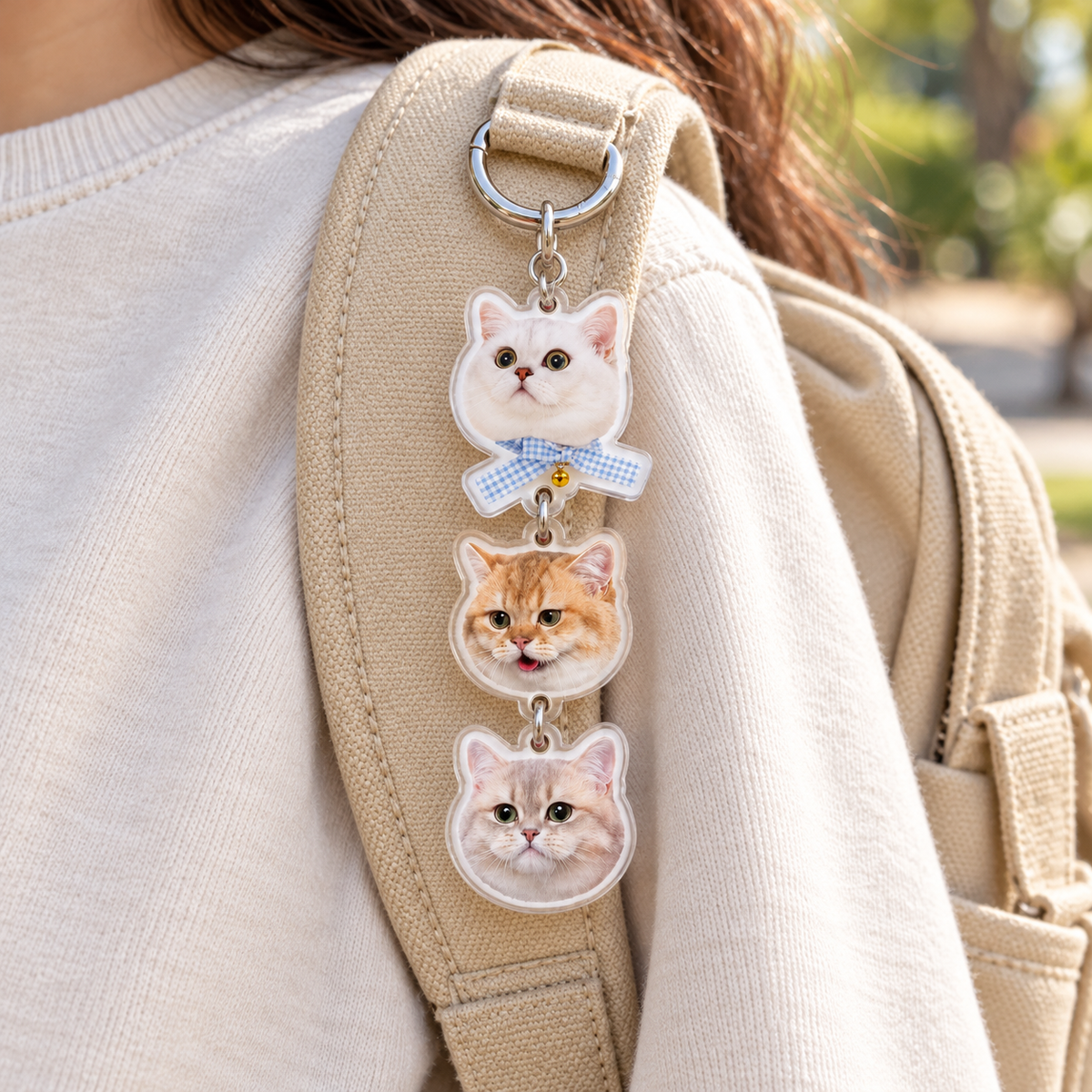 Multi-Pet Head Charm Keychain — clipped to a backpack strap