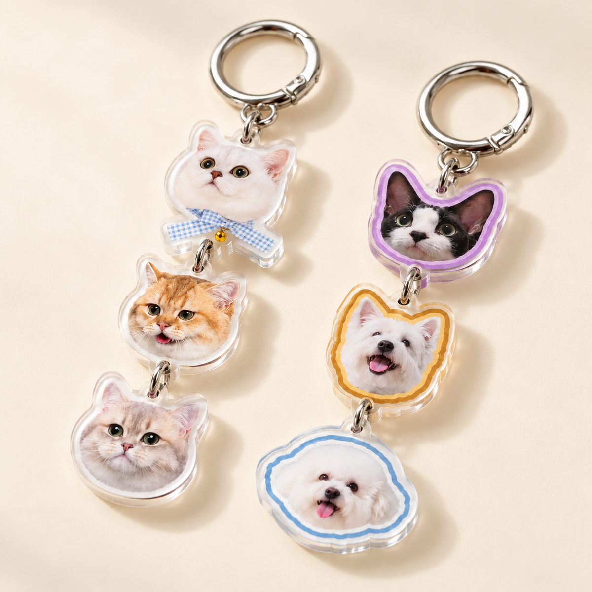 Multi-Pet Head Charm Keychain — back view, clear acrylic