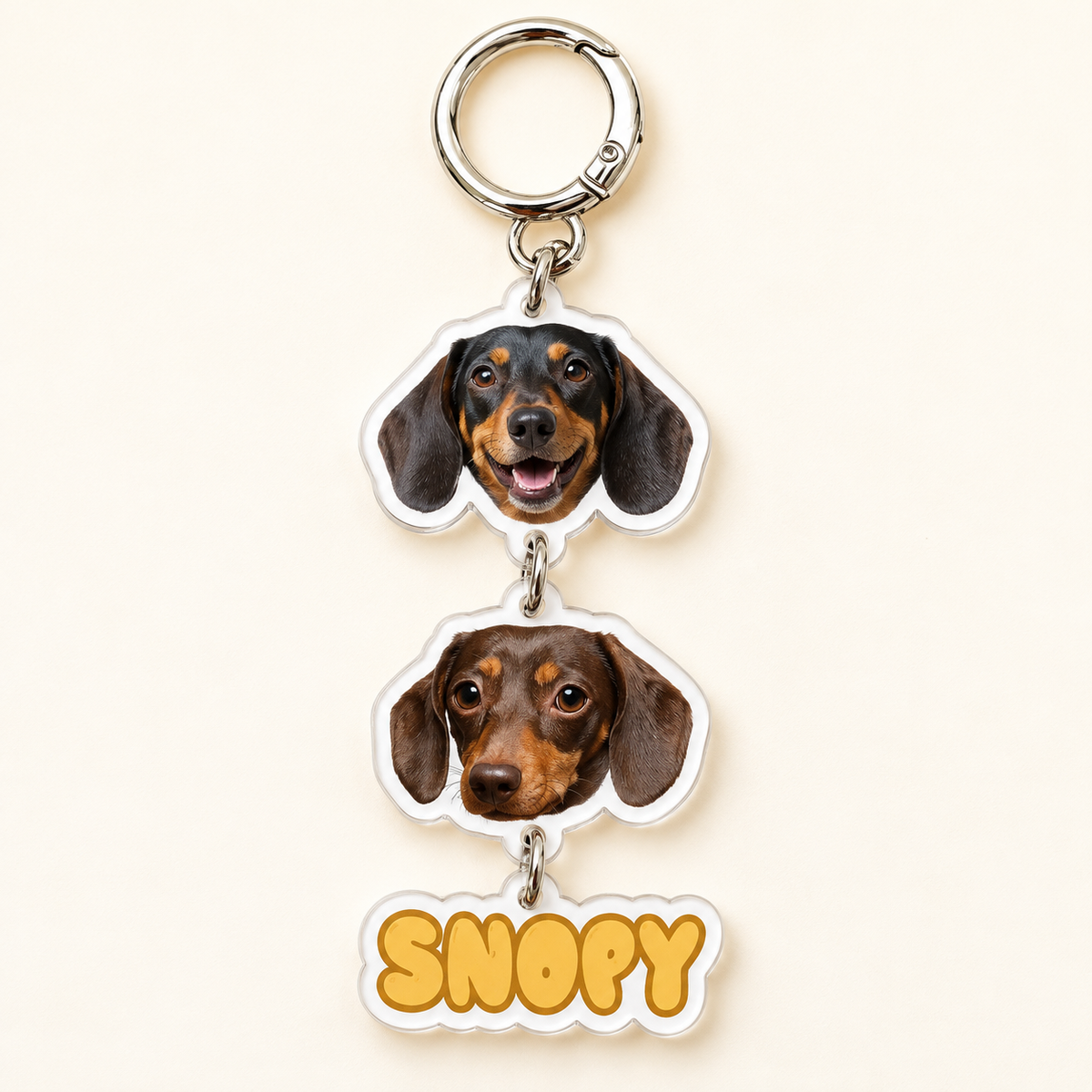 Multi-Pet Head Charm Keychain — two heads with a name tag