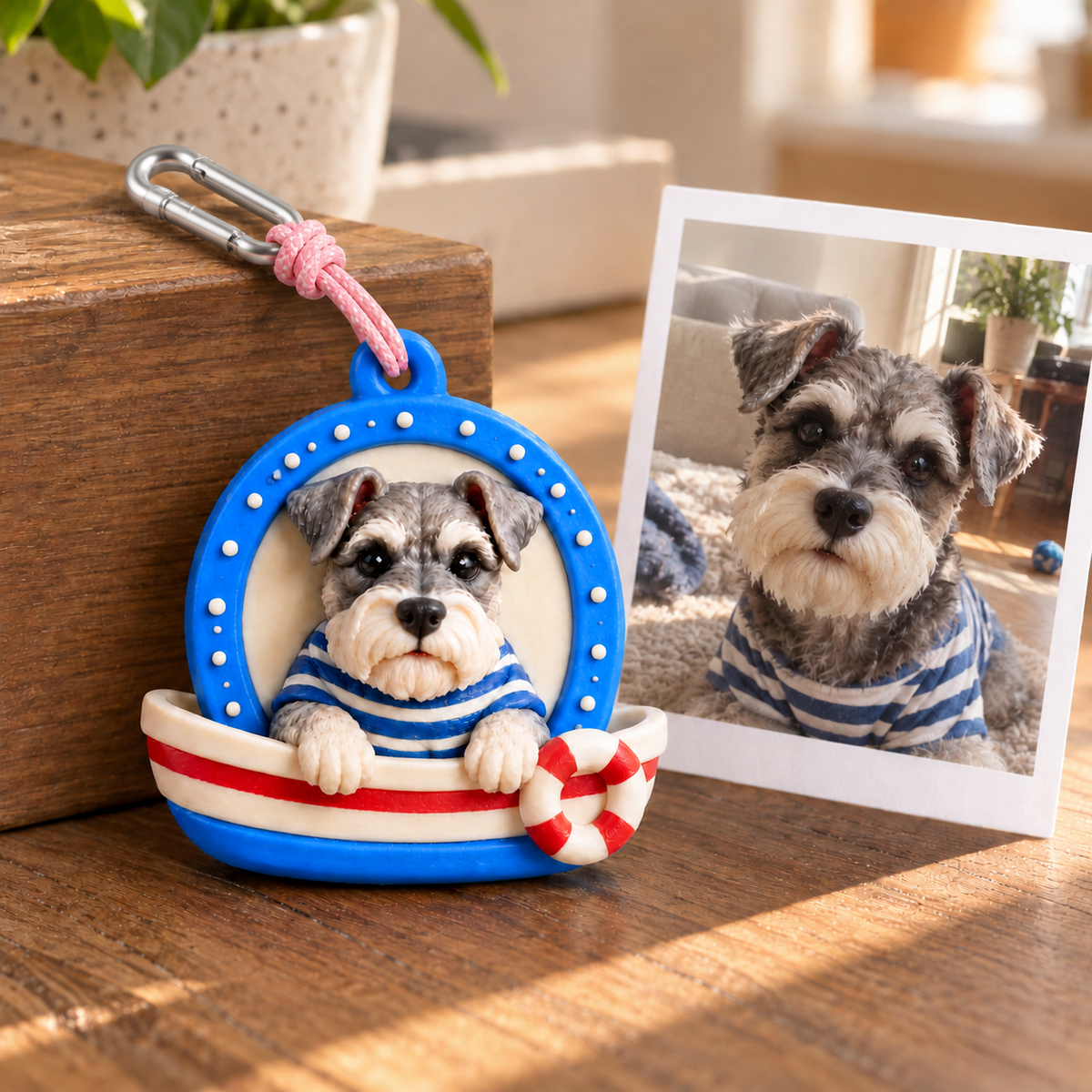 Playful Pet Portrait Keychain — reference photo beside the keychain