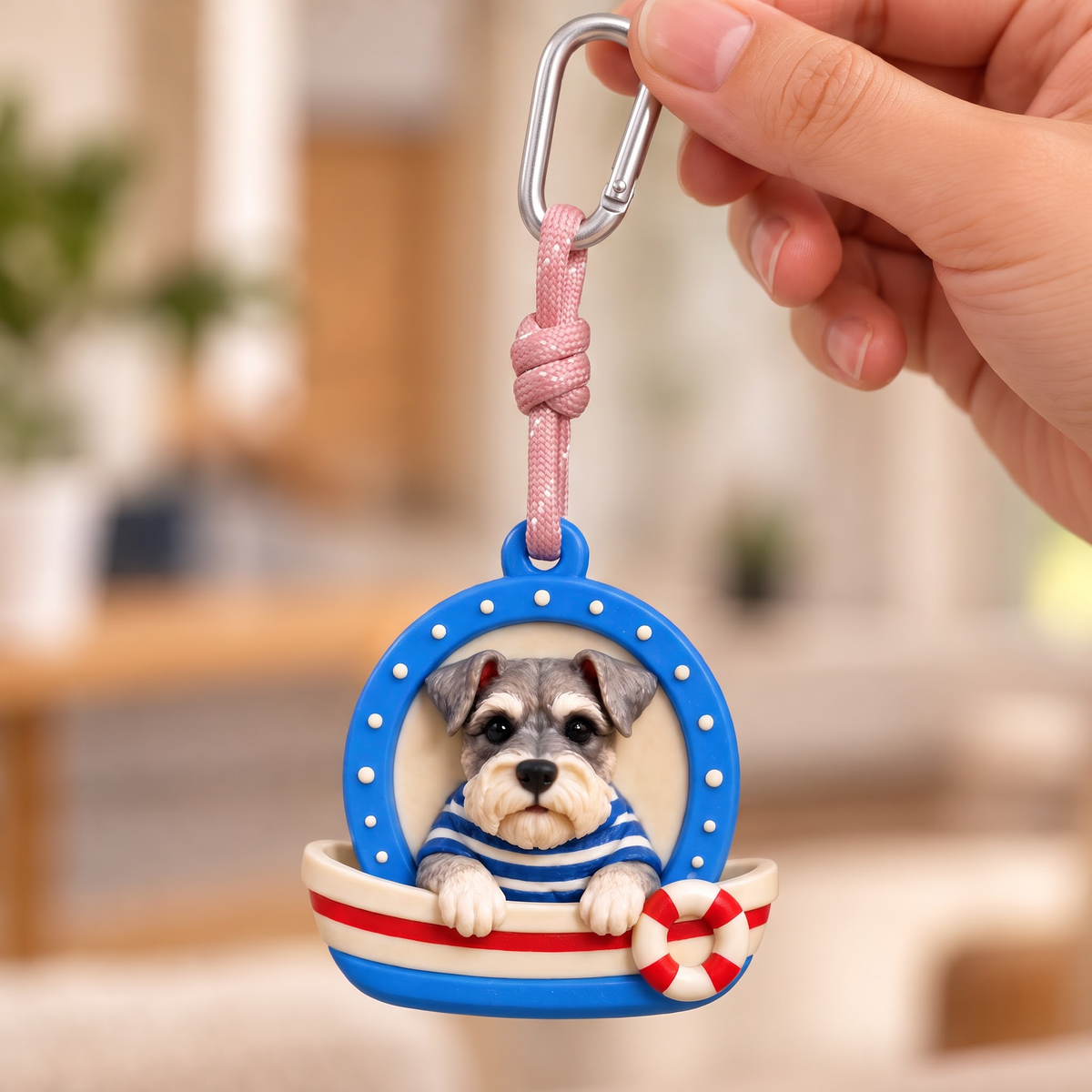 Playful Pet Portrait Keychain — pinched between two fingers for scale