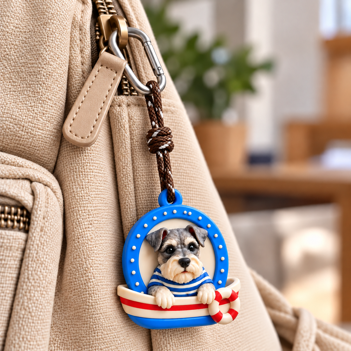 Playful Pet Portrait Keychain — clipped to a bag zipper