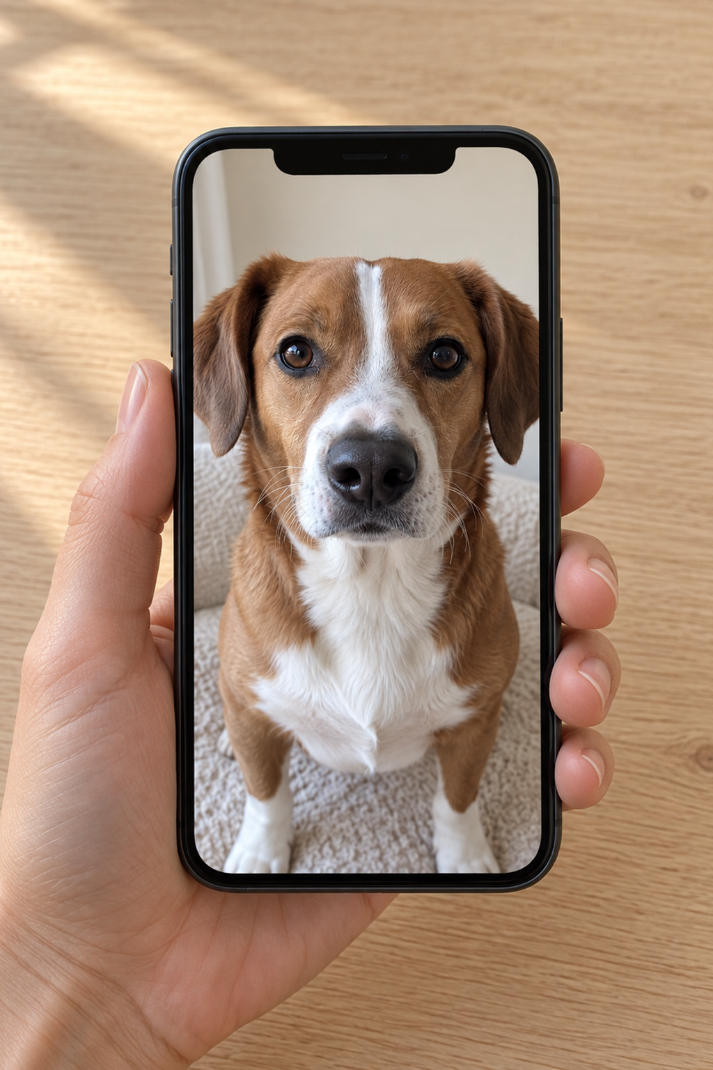 A hand holding a phone that shows a daylight photo of a brown and white floppy-eared dog