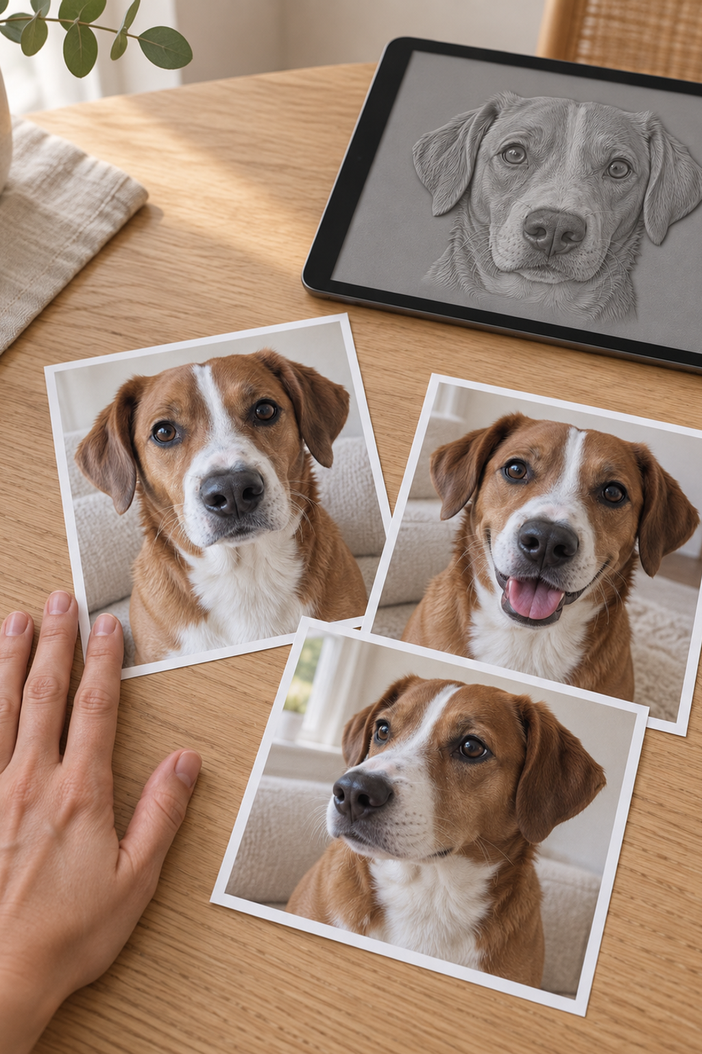Printed photos of a dog and a coin on a table beside a tablet showing a relief sketch of its face