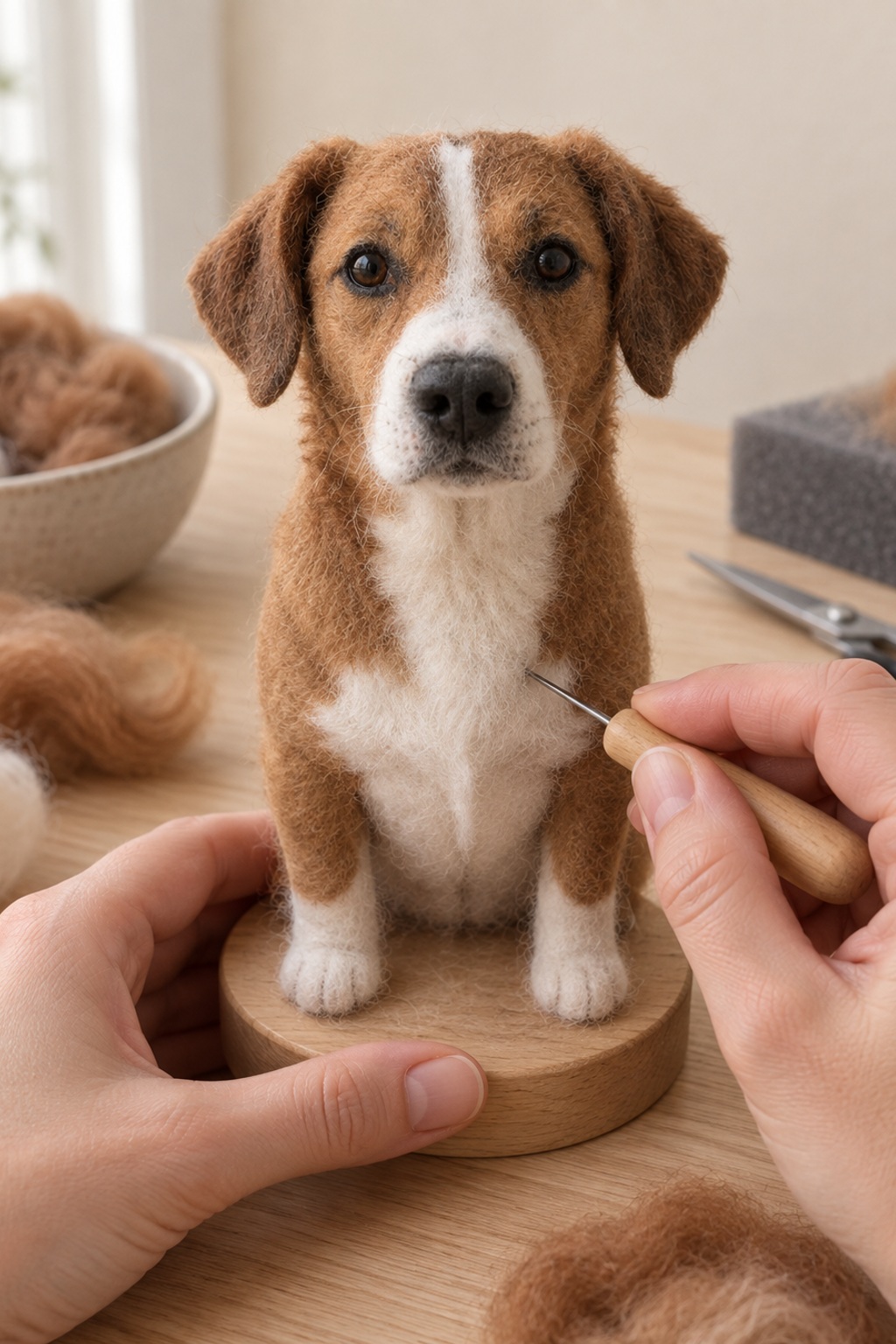 Hands shaping a half-finished wool dog portrait with a felting needle at a worktable