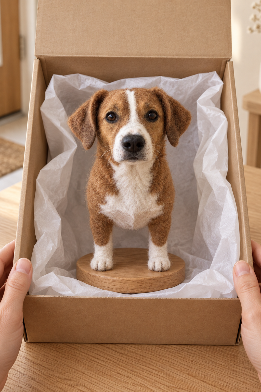 Hands opening a kraft paper parcel on a table indoors with the tissue paper folded back