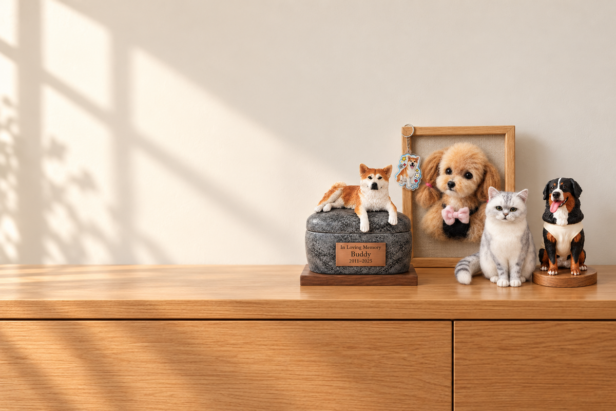 Keepsakes made from a photo of a pet, in a warm home setting: a keepsake urn, a framed felted portrait, a felted cat and a printed figure on a wooden sideboard